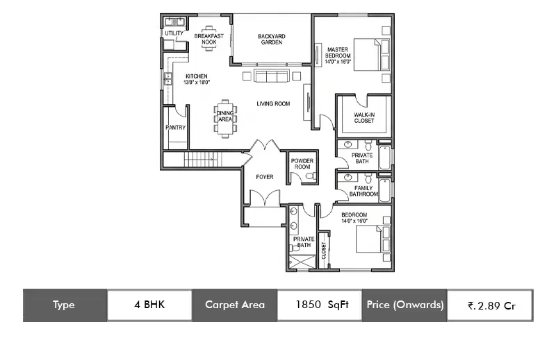 LJB One Park Place 4 BHK floor plan, 1850 sq ft carpet area