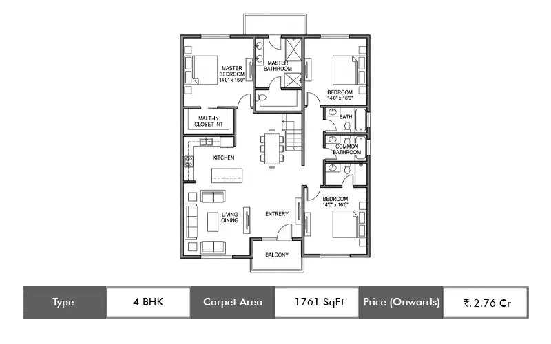 LJB One Park Place 4 BHK floor plan, 1761 sq ft carpet area